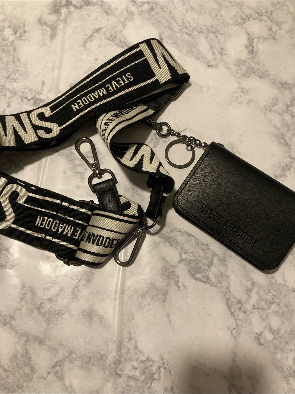 Steve Madden Black Leather Card Holder with Black-and-White Logo Strap